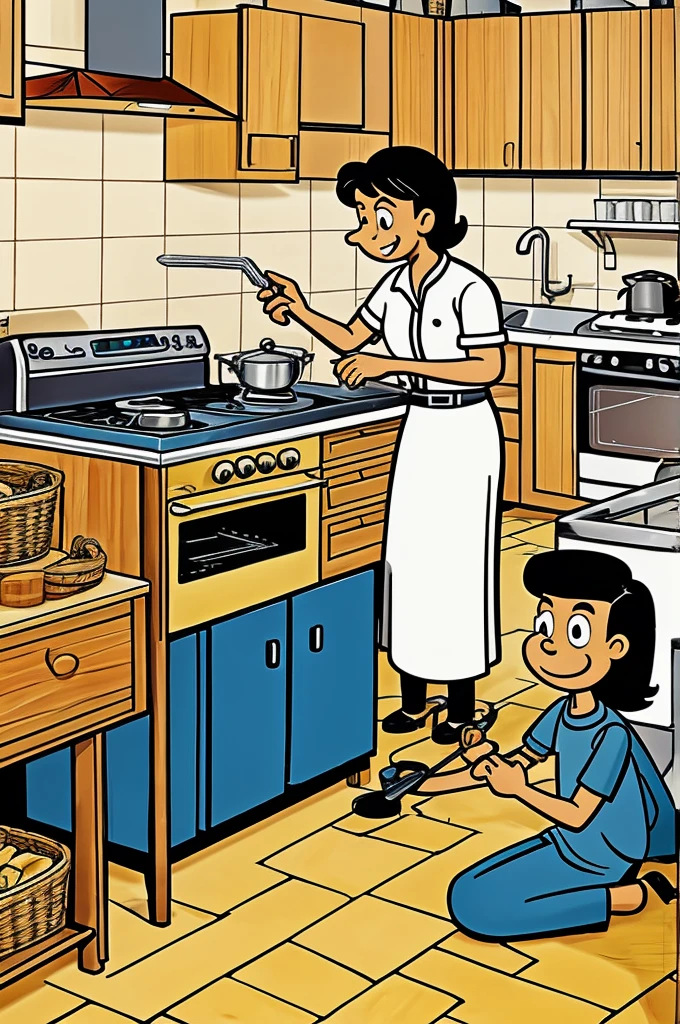 Cartoon of a person fumigating a kitchen