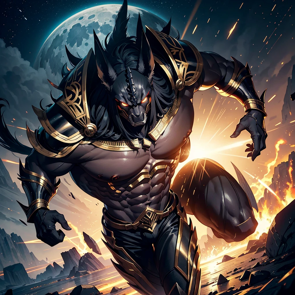 a highly detailed egyptian god of death, extremely tall, muscular and masculine death god, black jackal headed human body, god anubis, wearing intricate metallic battle armor in white and gold, with an air-flowing cape, epic dramatic moonlit night scene, cinematic lighting, ultra-detailed 8k, dslr quality, best quality, photorealistic, cinematic, dramatic, concept art style, moody, dynamic, muscular, imposing, powerful, majestic, heroic, 8k, dslr, high details, ultra hd