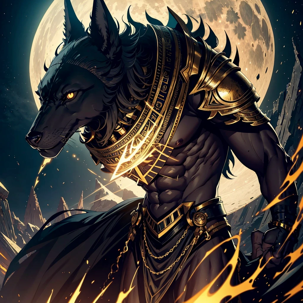 a highly detailed egyptian god of death, extremely tall, muscular and masculine death god, black jackal headed human body, god anubis, wearing intricate metallic battle armor in white and gold, with an air-flowing cape, epic dramatic moonlit night scene, cinematic lighting, ultra-detailed 8k, dslr quality, best quality, photorealistic, cinematic, dramatic, concept art style, moody, dynamic, muscular, imposing, powerful, majestic, heroic, 8k, dslr, high details, ultra hd