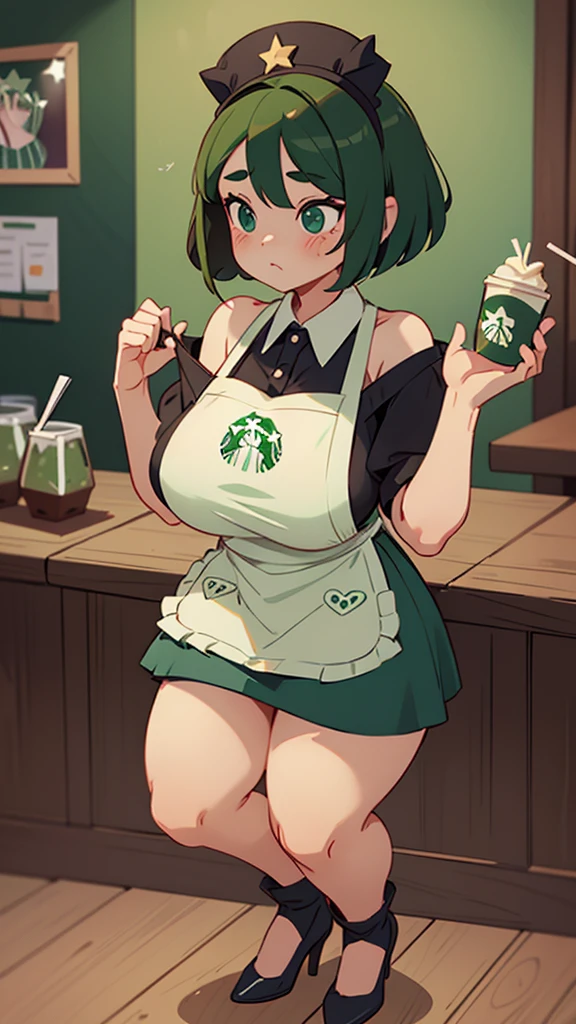 Cool beauty，Looks sweet，bob haistyle, (only wearing dark green starbucks apron, off-shoulders), show clavage, show big thigh, plump body, huge breast, full body photo, squat pose. Wearing black bunny headbend. In coffee shop.