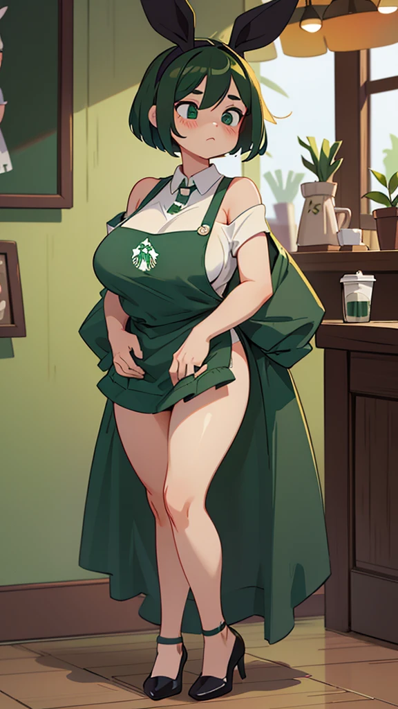 Cool beauty,Looks sweet,bob haistyle, (only wearing dark green starbucks apron, off-shoulders), show clavage, show big thigh, plump body, huge breast, full body photo, squat pose. Wearing black bunny headbend. In coffee shop.