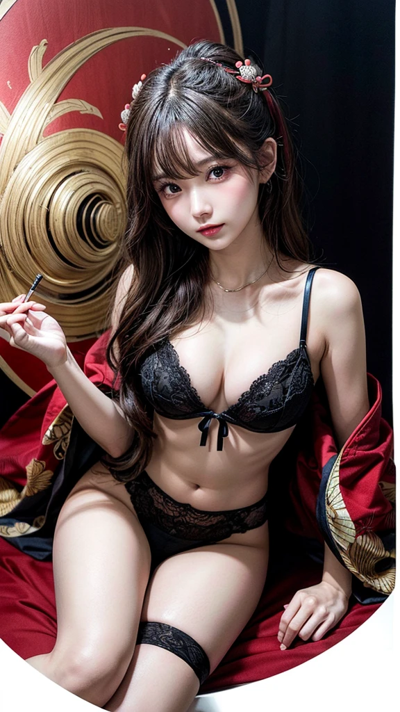 (Best quality, 8k, 32k, Masterpiece, UHD,:1.2),RAW, human, 1girl,ultra cute , ultra cute, natural lighting, transparent shining eyes, 20yo, medium breast ,femur, fair complexion , flushed face, (ultra-detailliert)、detaile、The best illustrations、hand-paintedhigh-quality、(highly contrast)、(Clean lines:1.3)、(line-drawing)、line-drawing、(complex lines), Ligneclair、Fractal Art、Pen drawing、、(portlate、From the knee up、very closeup:1.1)、,Wraparound configuration,flat-chest,Japanese style lingerie,(intricate-detail),(Ukiyo-e style background:1.2),(colourfull),hight resolution,