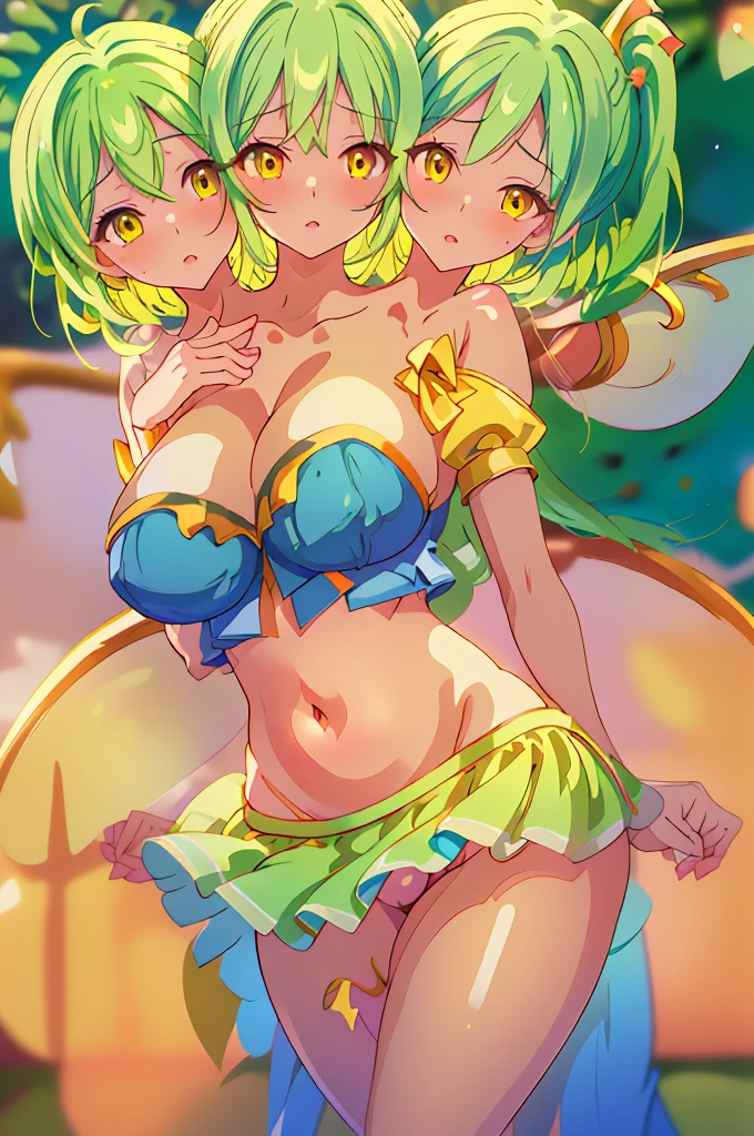 (masterpiece, best quality), best quality, (ultra-detailed), (3heads:1.5), 1girl, (daiyousei:1.3), masterpiece, best quality, ultra quality, ultra resolution, blue top, crop top, ((stomach)), midriff, ((groin)), blue skirt, normal ears, shackles, green hair, very long hair, wavy hair, sidelocks, yellow eyes, parted lips, single horn, sweat, cute, toned belly, hand on own chest, eyelashes, (23 year old woman:1.3), (masterpiece:1.5), (best quality:1.5), (beautiful detailed), extremely detailed CG, extremely delicate and beautiful, depth of field, (finely detailed face), (perfect details:1.2), (mature female:1.3), wide pelvis, slender, large veiny breast, 16k resolution, highres, high quality, high definition, extremely detailed, masterpiece, best quality, green hair, long hair, alluring presence, braid, short skirt, close up, very big tits, huge tits, young, fairy wings, yellow ribbon, side ponytail, nsfw, open belly,