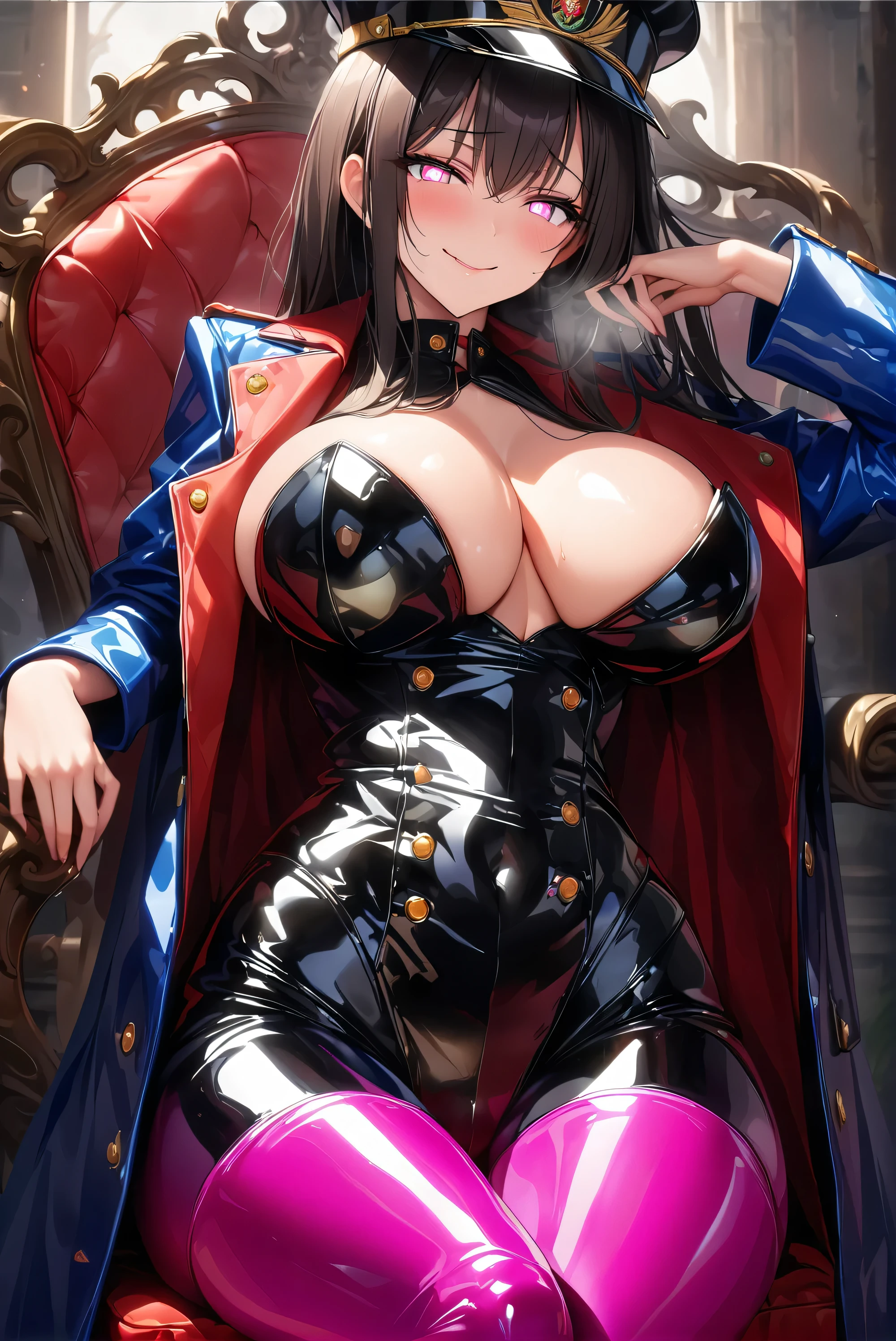 masterpiece, best quality, 1lady,black hair,long hair,glowing eyes, (finely detailed empty pupils and detailed face),,,,extremely detailed picture unity 8k wallpaper,solo,(latex military costume:0.9),large breasts,seductive smile,military hat,latex thighhigh,large breasts,black hair,pink eyes,black leotard,pantyhose,military coat,enamel suits,grossy lips,sitting,bust shot,sadistic smile