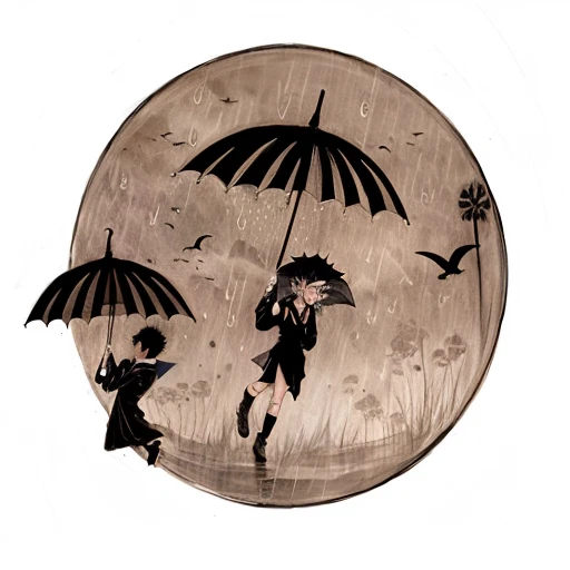there is a drawing of a girl holding an umbrella and a boy holding a bird, umbrella, umbrellas, parasol, it's raining, raining, while it's raining, in style of junji ito, black umbrella, inspired by Junji Ito, inspired by Kawabata Ryūshi, an umbrella top, raining!, dark gloomy