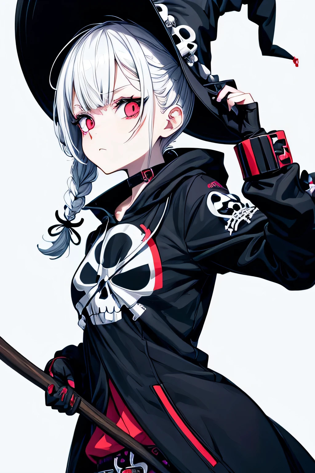 Anime Witch Design, Crossbones, skull, Streetwear-Design, Pro-Vector, Horror-Stil, Complete design, Only 6 colors, solid colors, no shadows, Complete design, sticker, bright colors, White background.