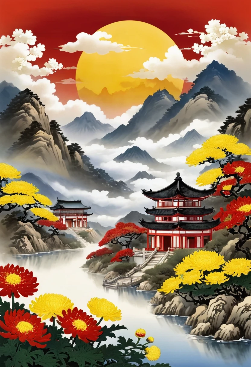 National tide wind, (Big Red Sun :1), Mountains, Clouds :1, Mountains, rivers, Flowers, Hills, Peaks, Mountains, Pavilions, Ancient buildings, Auspicious clouds, Mountains, Yellow chrysanthemum