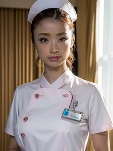 1 Girl,(Wearing white nurse clothes:1.2),(RAW Photos, Highest quality), (Realistic, photo-Realistic:1.4), masterpiece, Very delicate and beautiful, Very detailed, 2k wallpaper, wonderful, finely, Very detailed CG unity 8k wallpaper, Very detailedな, High resolution, Soft Light, Beautiful detailed girl, Very detailed eyes and face, Beautiful and detailed nose, finely beautiful eyes, nurse, Perfect Anatomy, Black Hair, Upstyle, nurse uniform, ((nurse cap)), Long skirt, nurse, White costume, thin, hospital, clear, White Uniform, hospital room, Neck auscultation,Close your face,Upper Body Shot