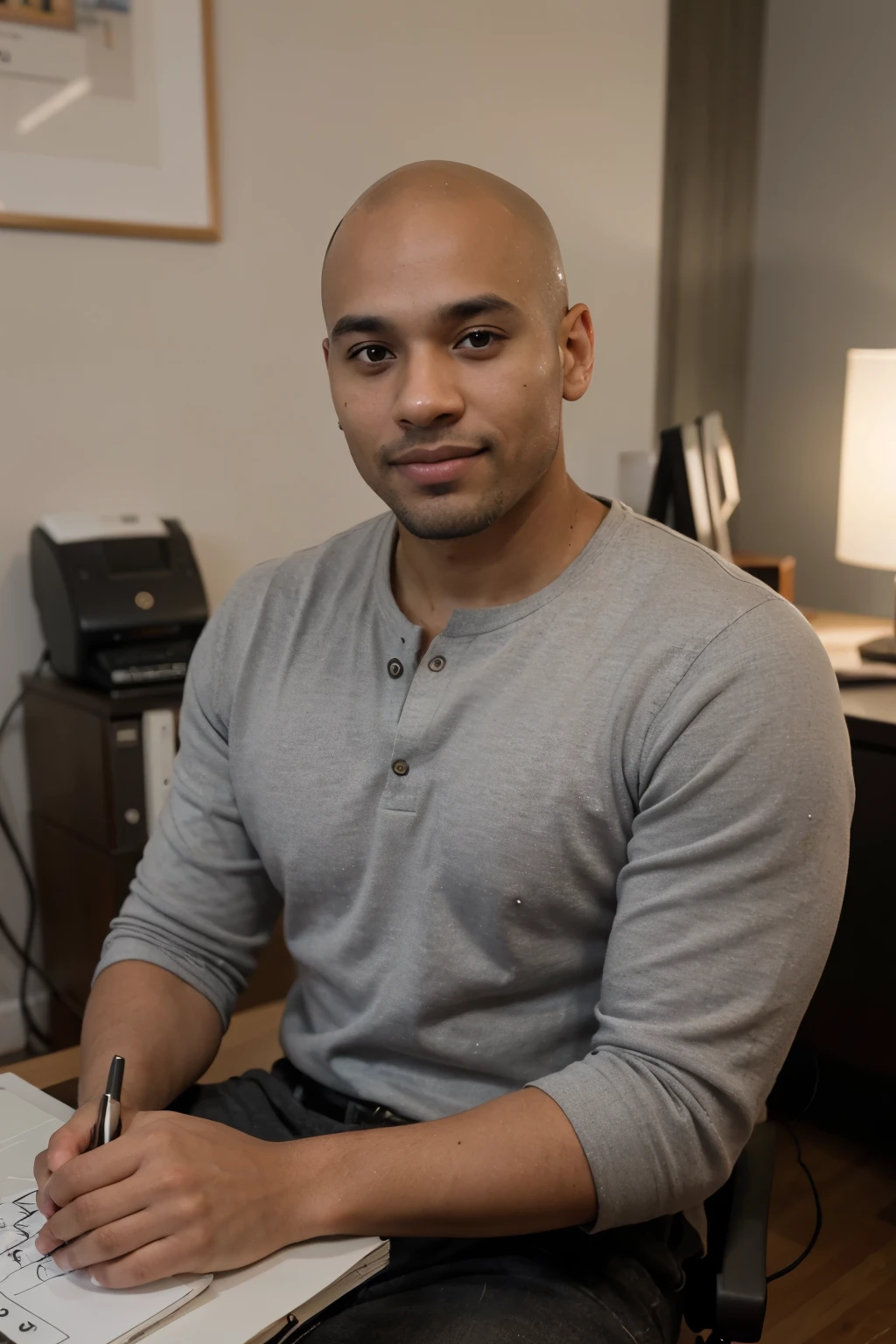 ((melhor qualidade)), ((Obra de arte)), (detalhado), Create a photorealistic, cinematic, high-resolution image of a Black man, bald, without beard around 35 years old, sitting at an office desk in his living room, writing an article. The man has a medium brown skin tone, a friendly smile, dark eyes with well-defined eyebrows, a slightly angular jawline, and visible cheekbones. The living room should have a cozy and organized atmosphere, with elements such as a comfortable chair, bookshelves, and a lamp. The lighting should be warm and natural, highlighting the man's focused expression as he writes on a laptop or notebook, with various office supplies scattered around. Resolução 8k