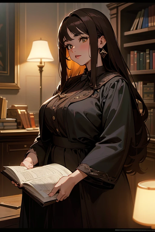 1girl, solo, bookshelf, pile of books, school background, dark brown hair, long hair, plump lips, amber eyes, elegant attire, modern attire, photorealistic, highly detailed, intricate detail, cinematic lighting, atmospheric, rich color palette, masterpiece, detailed face, gorgeous body, 2000s, y2k