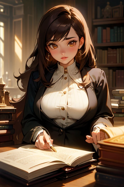 1girl, solo, bookshelf, pile of books, school background, dark brown hair, long hair, plump lips, amber eyes, elegant attire, modern attire, photorealistic, highly detailed, intricate detail, cinematic lighting, atmospheric, rich color palette, masterpiece, detailed face, gorgeous body, 2000s, y2k