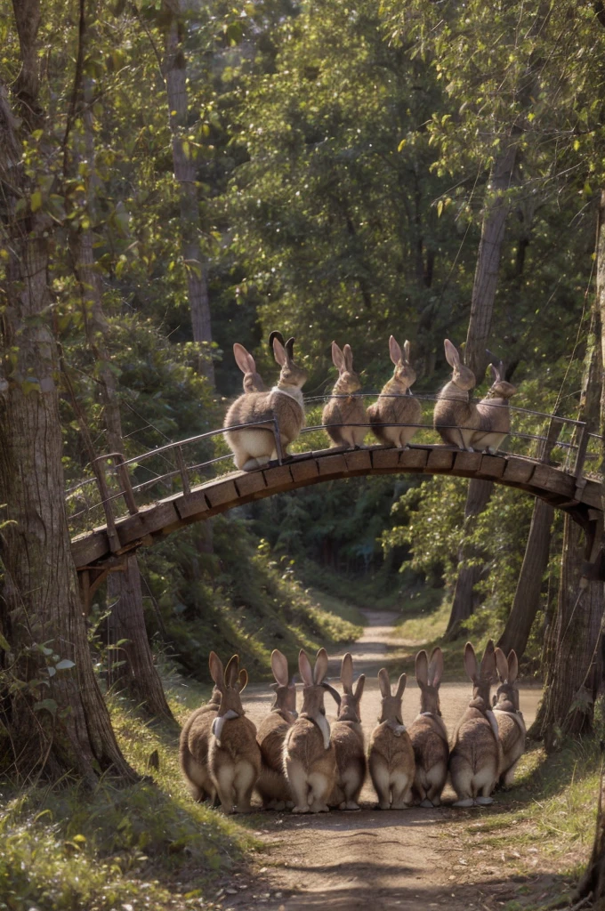 a group of anthropomorphic rabbits walking single file across a bridge woven out of branches high up between 2 giant trees, masterpiece, best, photo realistic