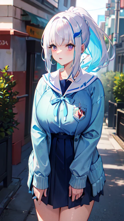 masterpiece, best quality, highres,
lh1, hair ornament, long hair, ponytail, open cardigan, blue cardigan, white sailor collar, long sleeves, blue ribbon, , serafuku.
cowboy shot,outdoors,(big breasts:1.3),
