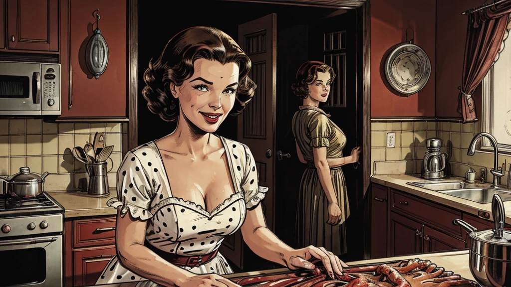 The vintage advertisement appears to celebrate 1950s domesticity at first glance. In the foreground, a smiling housewife poses holding a vintage vacuum, embodying the can-do attitude of the era's homemakers. She wears a classic polka-dot dress with a modest sweetheart neckline that hints at her shapely figure. Perfectly coiffed brunette curls frame her made-up face.
However, a closer look reveals a darker, sinister presence. Looming behind the housewife, visible through the open doorway of her cheerful kitchen, is the unmistakable form of a grotesque, multi-tentacled monster straight out of a sci-fi horror tale.
The creature's putrid, gelatinous flesh seems to slough from its pulsating form, already staining the cheerful checkerboard tiles. Countless grotesque appendages whip through the air, knocking over cherry-red kitchen accessories. One deformed tentacle, lined with rows of serrated fangs, creeps ever closer to the oblivious housewife.
But the homemaker's plastic smile remains unwavering, her upbeat pose entirely at odds with the literal kitchen nightmare unfolding behind her. The vacuum she holds looks comically inadequate against the spawning abomination.
The bold text overlay reads: "With Maybelle's, Even Cosmic Horrors Are No Match for a Housewife's Gumption!" The tagline jarringly combines the idyllic 1950s household with a hint of schlocky, drive-in movie camp.
Blending the saccharine-sweet feminine ideals of the era with a full-blown sci-fi monster invasion, the advertisement presents a deliriously incongruous juxtaposition of prim domesticity and terrifying, tentacled chaos.