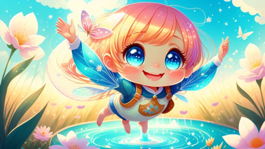 Cute s, light colors hair, blue eyes, gossamer,illustration, A masterpiece in bright light, stunning art! The art of magic, fairy tale artwork, inspiring art, exquisite artwork high quality、masterpiece、Sparkling fairies、smile、Fly 10 meters above the beautiful springs、sky diving、Colorful flowers around the fountain、Look down、wave hands