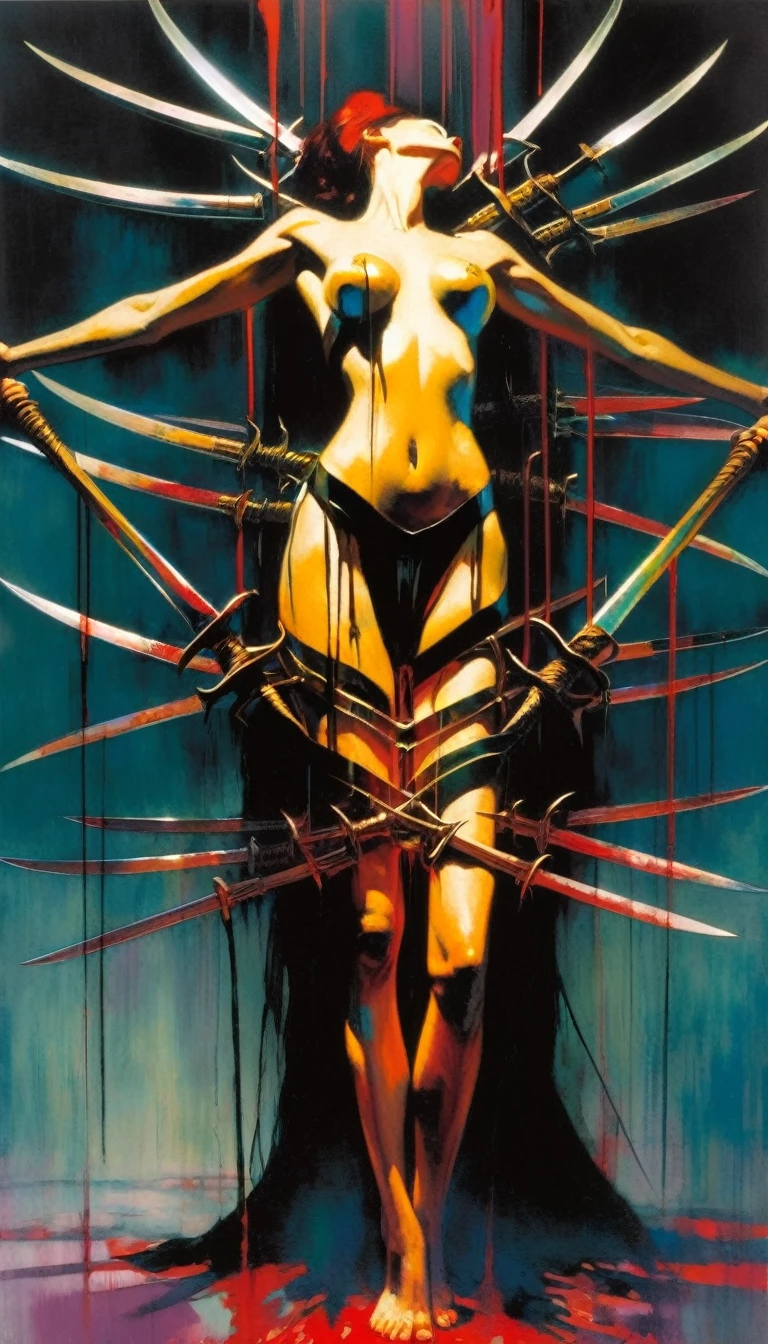 a woman's body impaled by ten swords, (art inspired in Bill Sienkiewicz). oil painting)