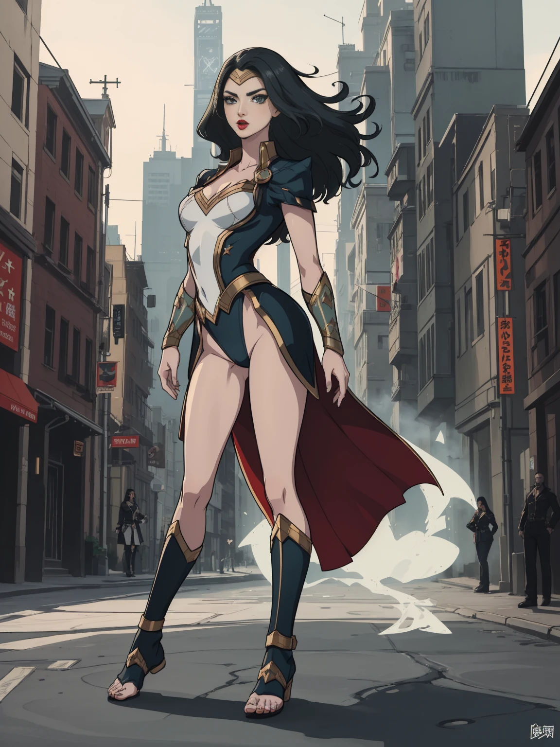 ((full body photo, standing, feet on the ground)) (Adriana Lima :1.1) Red lips, green eyes, ((full body photo, standing, feet on the ground)) Wonder Woman stands imposingly in a city from Themyscira. The scenery is lush. The camera details everything, a warrior woman, cover with stars .
