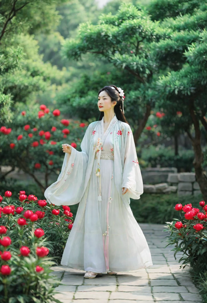 a woman wearing a white dress walking in a garden with red and white peony flowers in the foreground, a girl wearing hanfu traditional chinese clothing, long flowing hair and robe, ancient chinese garden background