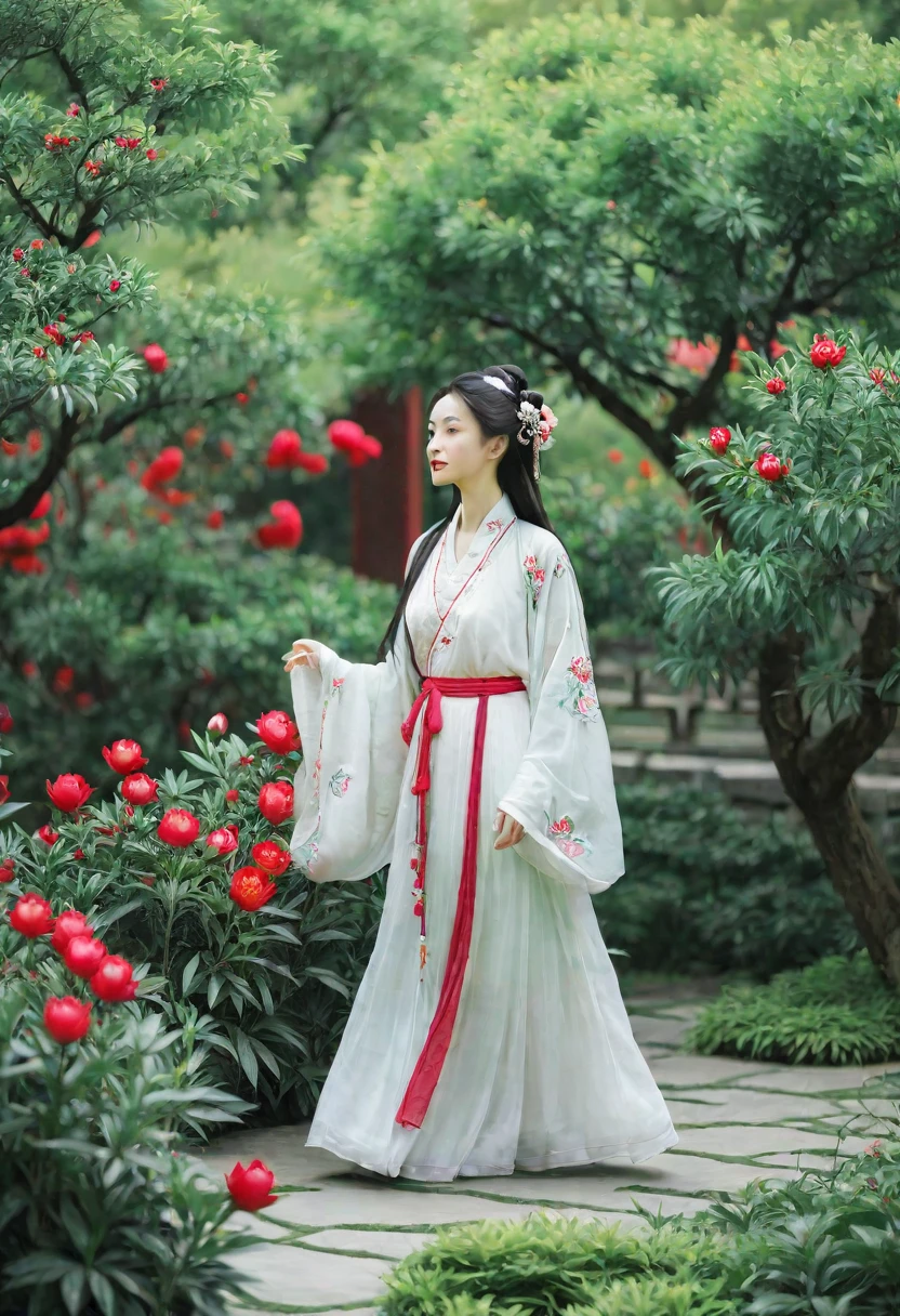 a woman wearing a white dress walking in a garden with red and white peony flowers in the foreground, a girl wearing hanfu traditional chinese clothing, long flowing hair and robe, ancient chinese garden background