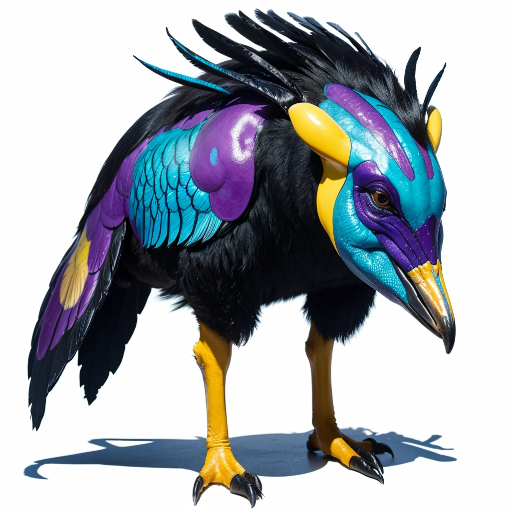 Big huge Animaly, cassowary mixed with Poseidon, yellows and purple colour skins, Grassroots background, (white background simpleks)