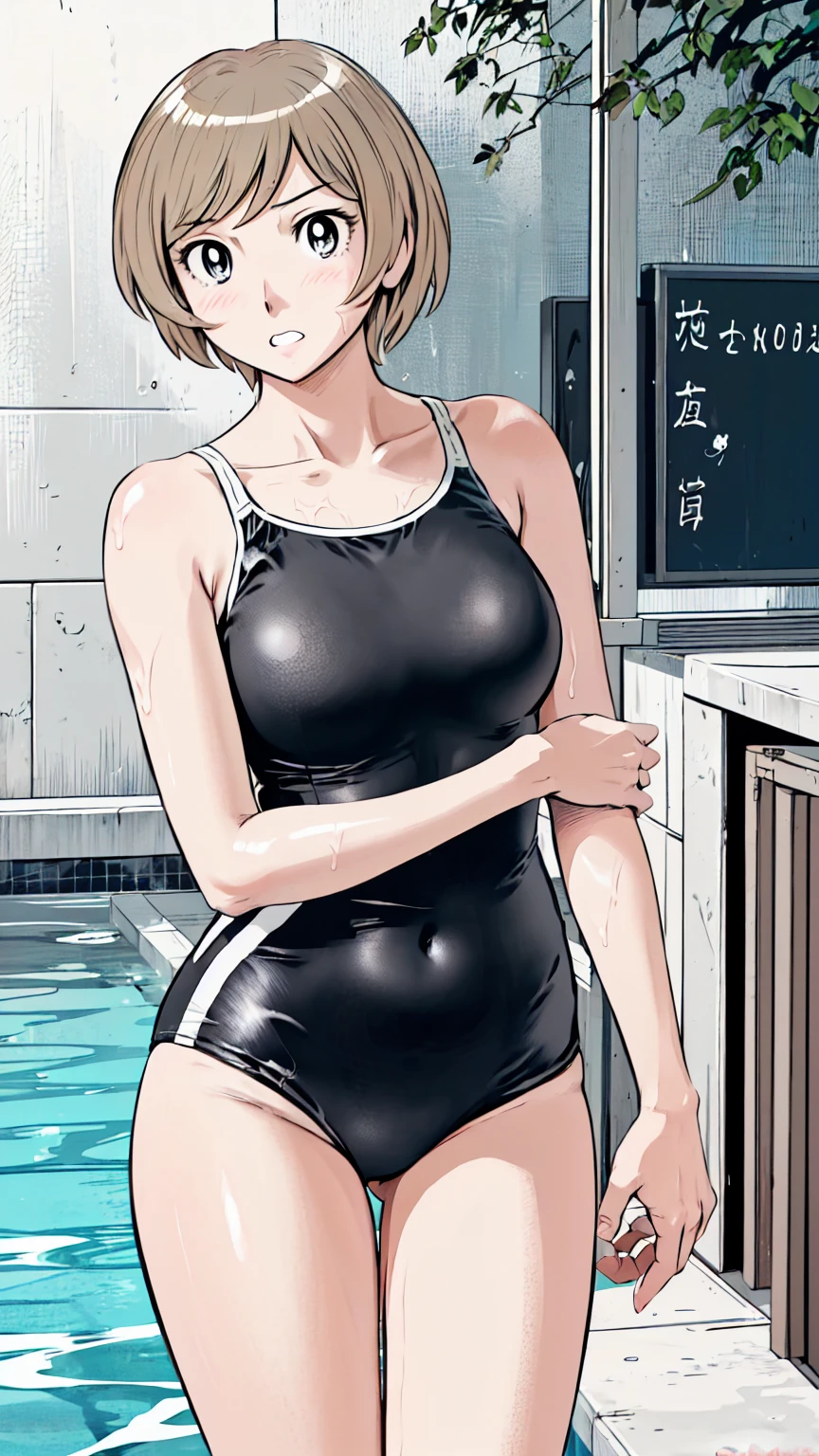 Blonde, (short hair:1.2)、((Illustration of a person))、Big Breasts、
View your viewers,, (Highest quality:1.3),blue eye star piece、Highest quality)、Highest quality, Ultra-high resolution, (((masterpiece))), alone, Sweat、Big eyes、Big Breasts、One Girl, Front view、Embarrassed face、Bronze colored hair、((short hair))、One Girl, alone, blush, Big Breasts,
Bare arms, Wet, Pool, 青いSchool Swimsuit, Thighs, Place your arms at your sides, Bare arms, Cowboy Shot, Are standing, School Swimsuit,bite、High Leg、mansuji