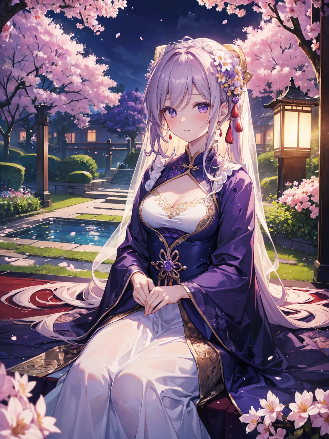(Best quality at best,A high resolution,The image is clear:1.2),Ultra detailed backgrounds,Beutiful women,The stands up,purple dress,Chinese-style clothes,Delicate petals,Garden scene,under moonlight,Romantic atmosphere,Dutch Angle Shot,gentlesoftlighting,shelmet