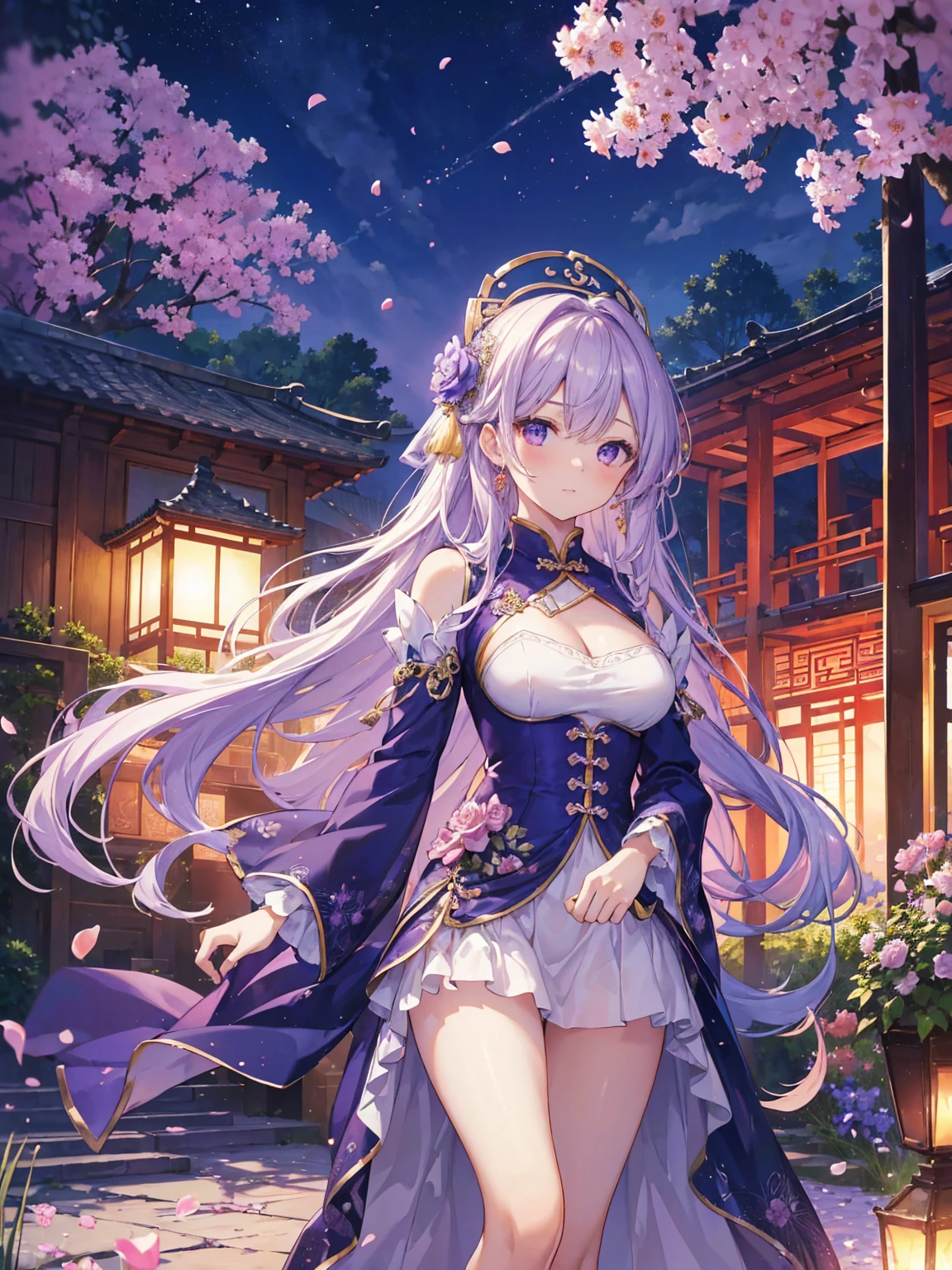 (Best quality at best,A high resolution,The image is clear:1.2),Ultra detailed backgrounds,Beutiful women,The stands up,purple dress,Chinese-style clothes,Delicate petals,Garden scene,under moonlight,Romantic atmosphere,Dutch Angle Shot,gentlesoftlighting,shelmet