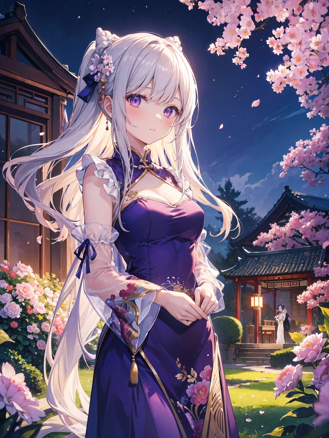 (Best quality at best,A high resolution,The image is clear:1.2),Ultra detailed backgrounds,Beutiful women,The stands up，purple dress，Chinese-style clothes,Delicate petals,Garden scene,under moonlight,Romantic atmosphere,Dutch Angle Shot,gentlesoftlighting,shelmet