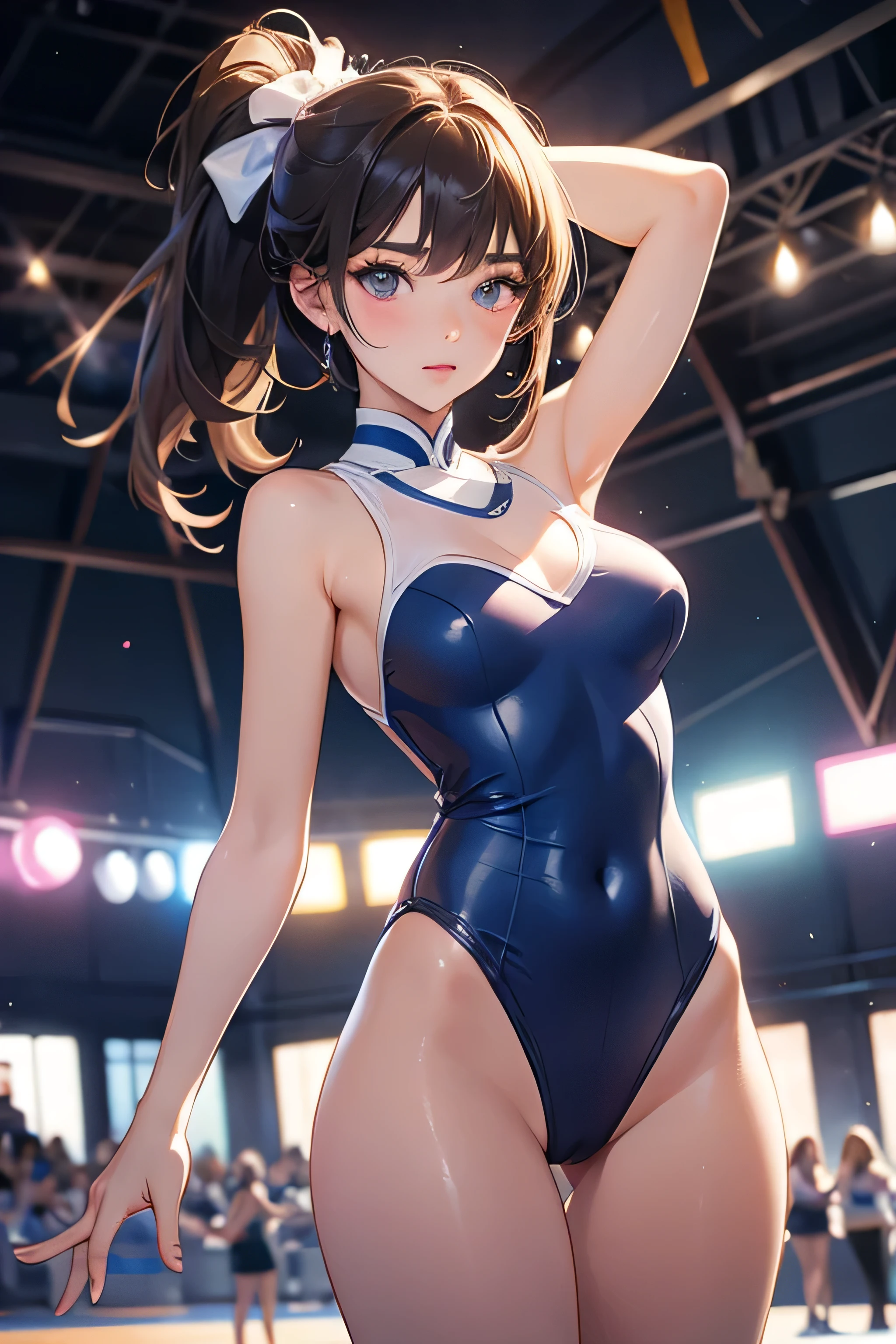 High school girl, rhythmic gymnastics, leotard, , touch  and , looking at viewer,