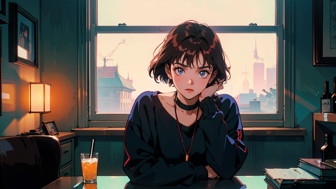 Beautiful redhead Asian girl sitting in the office at night, Visible from the window, Perfect Face, White Taylormade, Drinking alcohol, Neon Black, (Backlight: 1.1), A scene from a movie, Hard Shadows, masterpiece, Highest quality, Complex, Model shooting style, Vintage, Film Grain, Blue tones