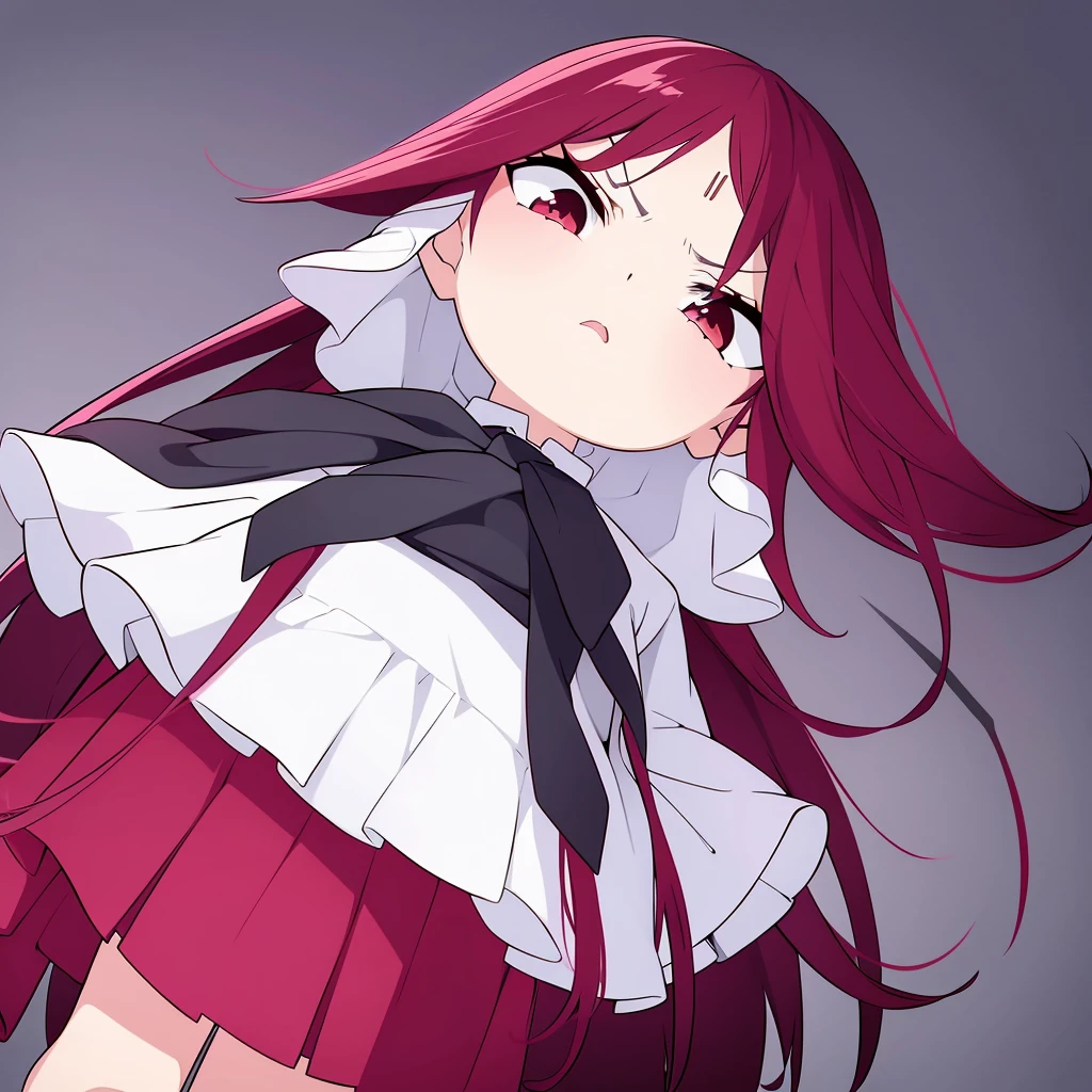 Symmetrical Eyes, age late 20,1girl ,angry face,white shirt,short sleeves,(black standard tie),white school skirt,(red hair),long hair,fox ears,cutechibiprofile