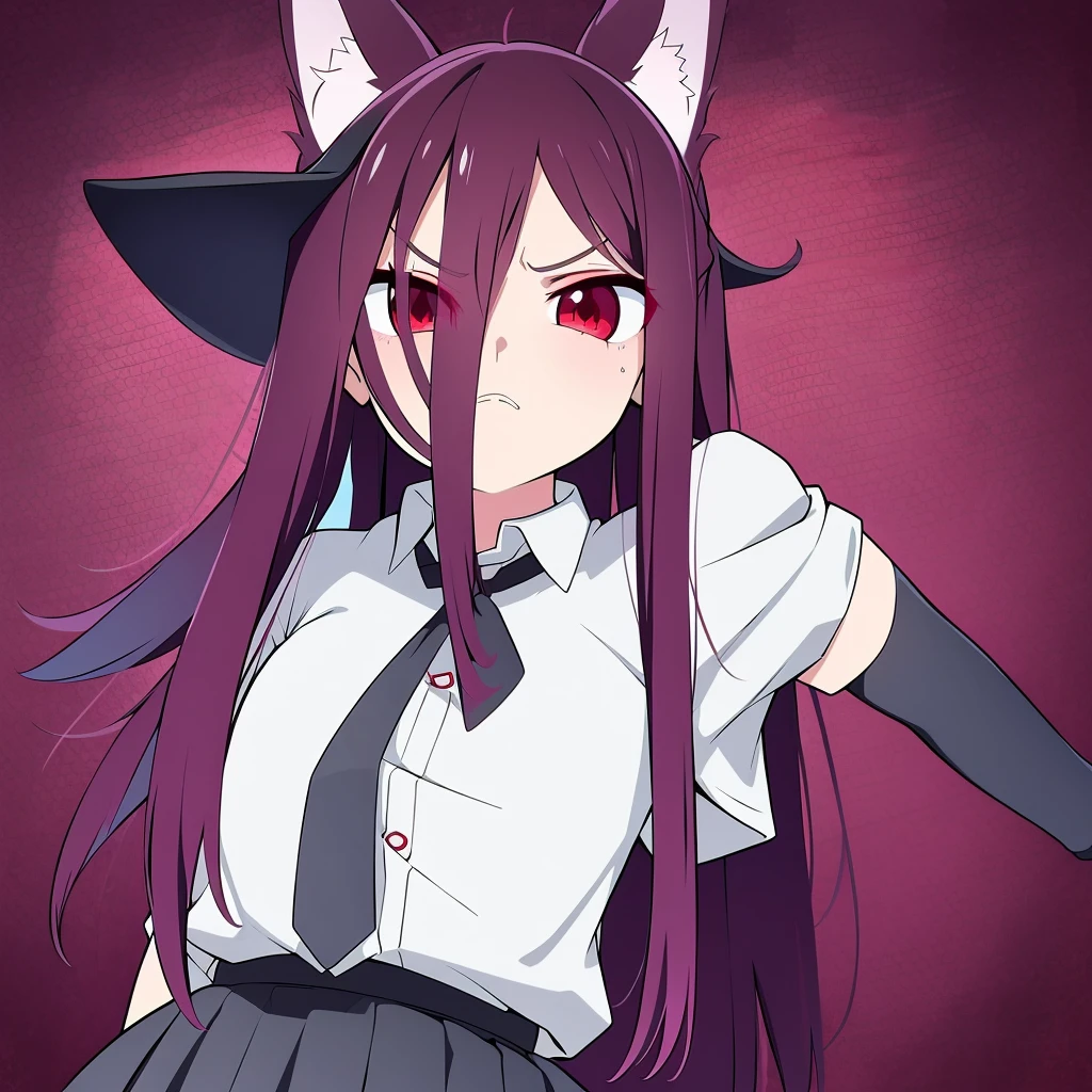 Symmetrical Eyes, age late 20,1girl ,angry face,white shirt,short sleeves,(black standard tie),white school skirt,(red hair),long hair,fox ears,cutechibiprofile