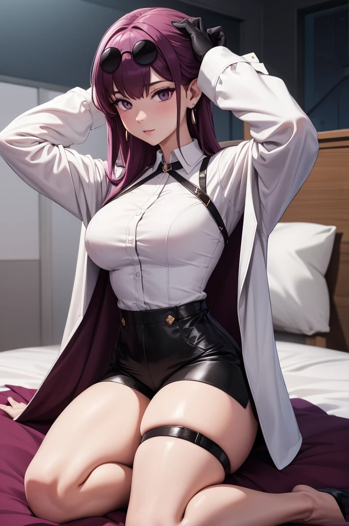 masterpiece, (detailed, highres, best quality), 1girl, kafkerdef, earrings, eyewear on head, sunglasses, white shirt, black jacket, long sleeves, purple gloves, shorts, pantyhose, thigh strap, seiza, arms behind head, bed