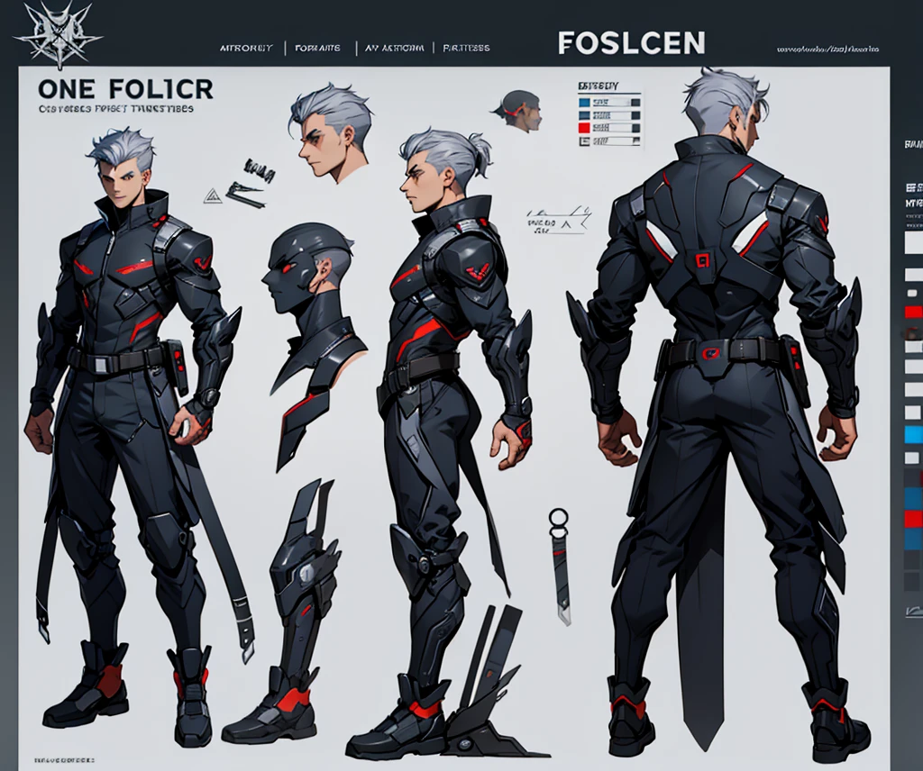 character sheet. one guy futuristic design. front and back. high quality. professional design