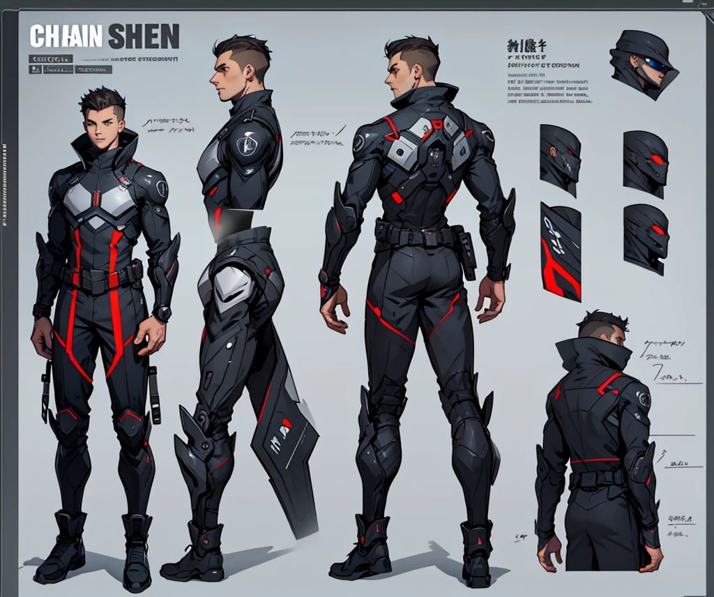 character sheet. one guy futuristic design. front and back. high quality. professional design