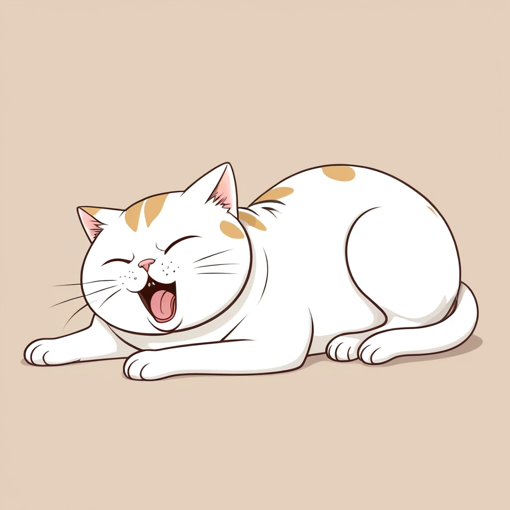 Anthropomorphic cute cat, narrow eyes, lying down and yawning loudly, one stroke, Japanese style animation touch, high image quality