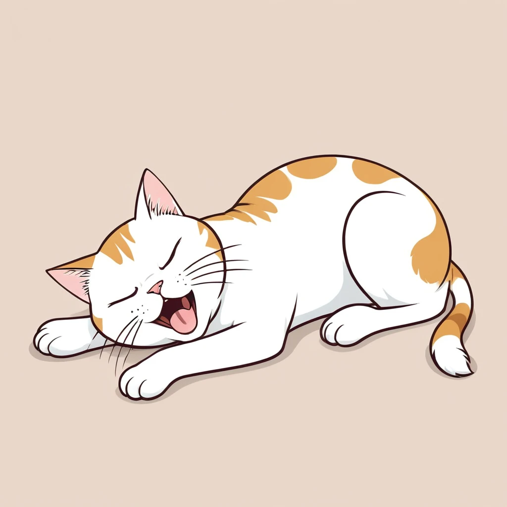 Anthropomorphic cute cat, narrow eyes, lying down and yawning loudly, one stroke, Japanese style animation touch, high image quality
