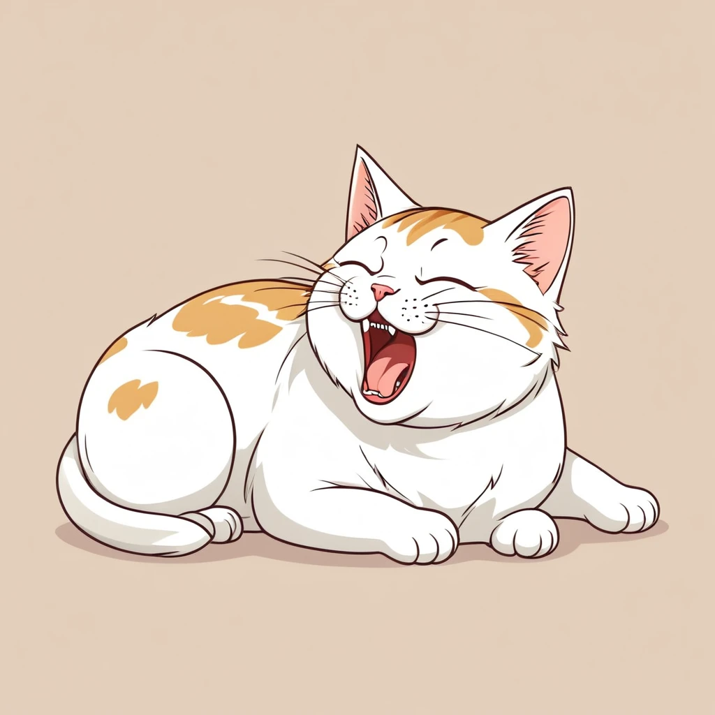 Anthropomorphic cute cat, narrow eyes, lying down and yawning loudly, one stroke, Japanese style animation touch, high image quality