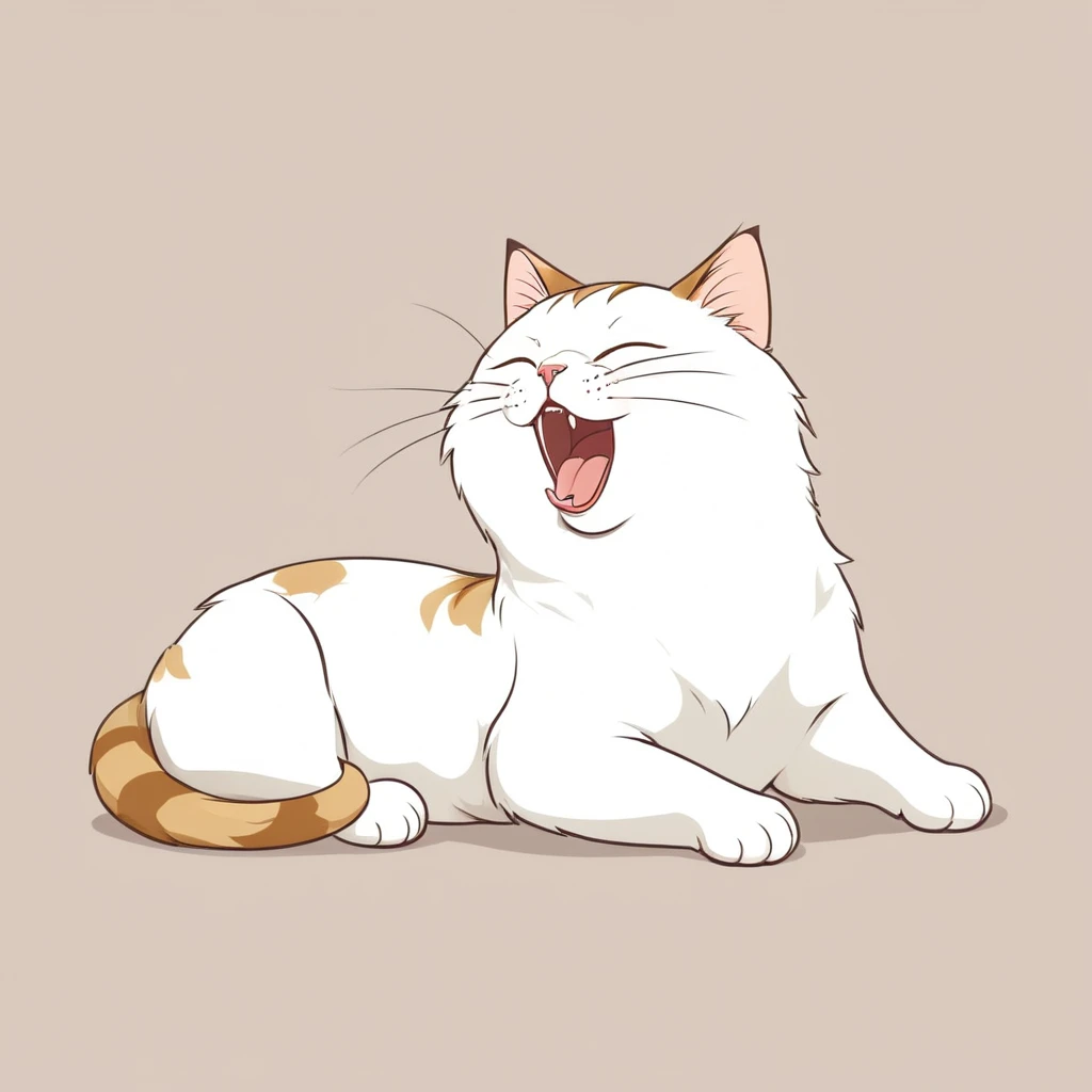 Anthropomorphic cute cat, narrow eyes, lying down and yawning loudly, one stroke, Japanese style animation touch, high image quality