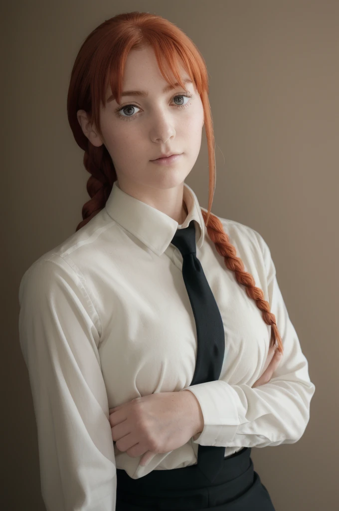 Makima (Chainsawman),wide-shot, a beautiful face woman, depth of field, business woman, redhead, white button-down shirt neatly tucked into black dress pants, black tie and a black blazer worn open, footwear consists of black dress shoes, (long, straight reddish-orange hair tied back in a loose braid), eyes are striking with a distinct concentric circle pattern