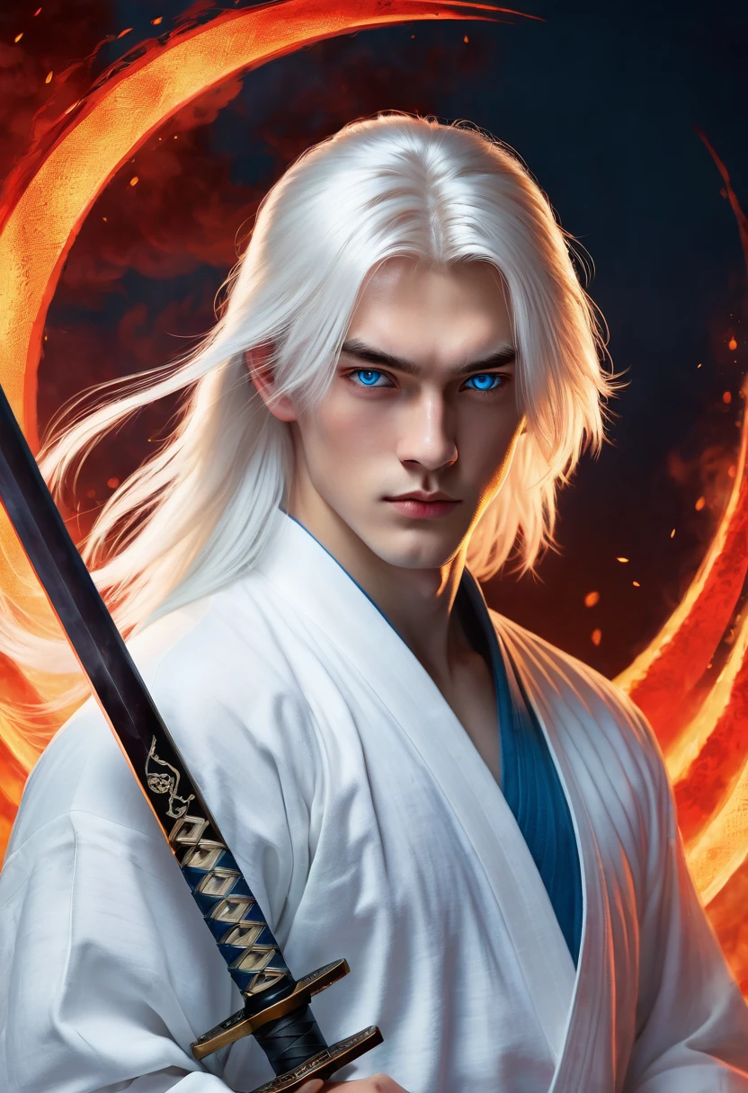 Teenage boy, long white hair, blue colored eyes, Russian ethnicity, wearing white urban samurai clothes, holding a katana, realist art, around an aura of red fire.