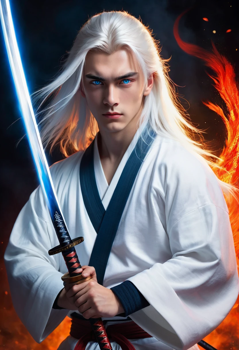 Teenage boy, long white hair, blue colored eyes, Russian ethnicity, wearing white urban samurai clothes, holding a katana, realist art, around an aura of red fire.