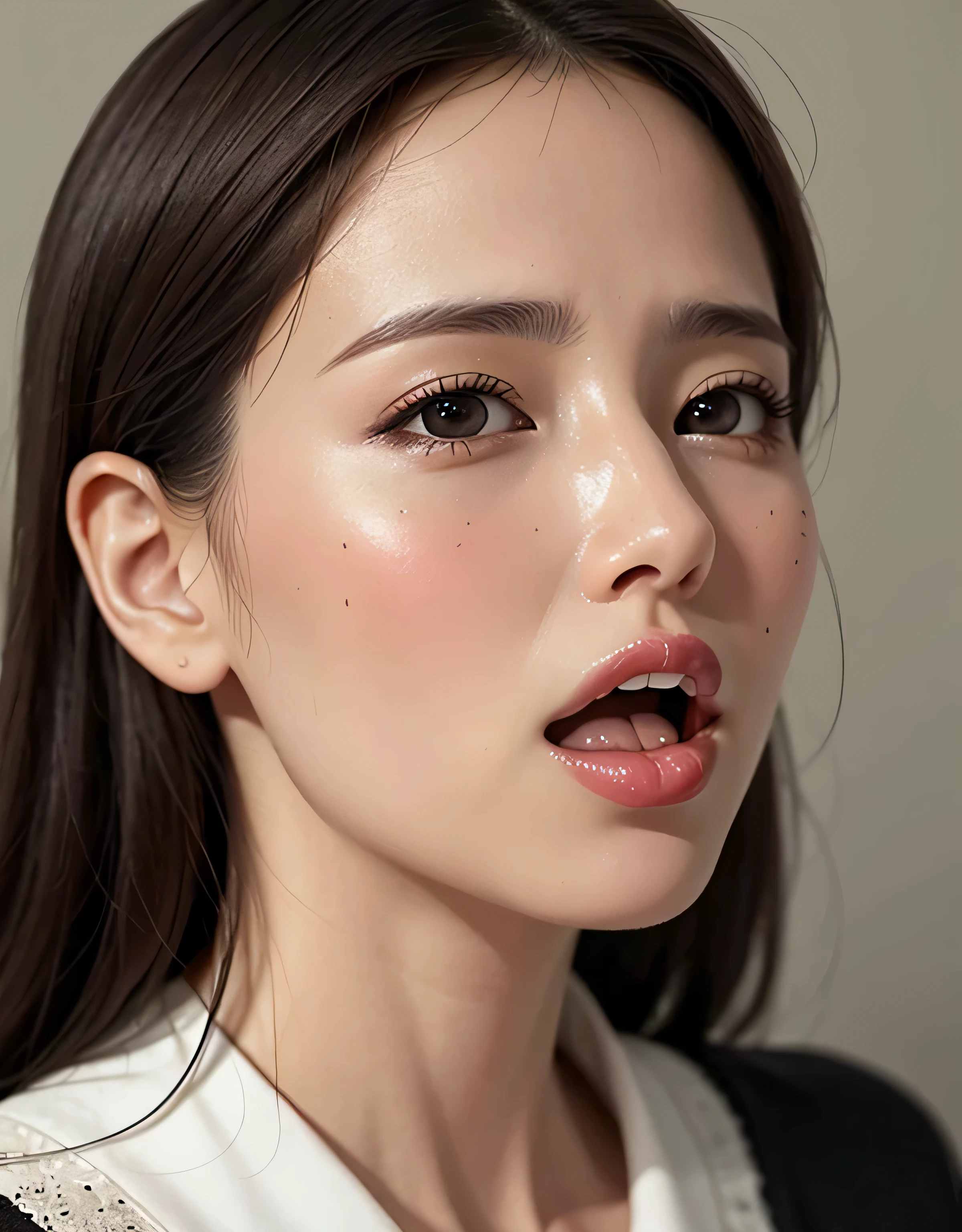 Highest quality、16K high resolution、Super detailed、masterpiece、Live Shooting、Photorealistic:1.4、Hyperrealism:1.4、Sharp focus、Very delicate and beautiful、Fine details、Super beautiful face、Woman with open mouth、Sweat、Beautiful brown eyes、woman with edge 、perfecteyes eyes