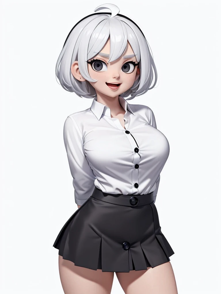 ((masterpiece, best quality)), (1girl), (solo), (female focus), (ahoge, white hair, short hair), black eyes, light smile, open mouth, ((white shirt), (buttoned shirt), (button gap)), ((black skirt), (short skirt)), standing, white background, arms behind back, dynamic angle