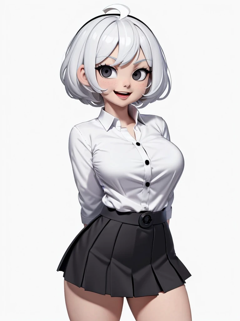 ((masterpiece, best quality)), (1girl), (solo), (female focus), (ahoge, white hair, short hair), black eyes, light smile, open mouth, ((white shirt), (buttoned shirt), (button gap)), ((black skirt), (short skirt)), standing, white background, arms behind back, dynamic angle