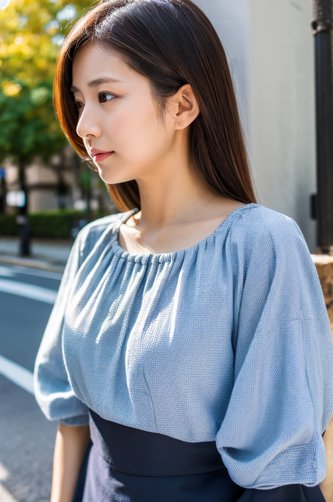 ((Highest quality)), ((masterpiece)), (detailed), Japanese,Beauty,Street Corner,OL,blouse