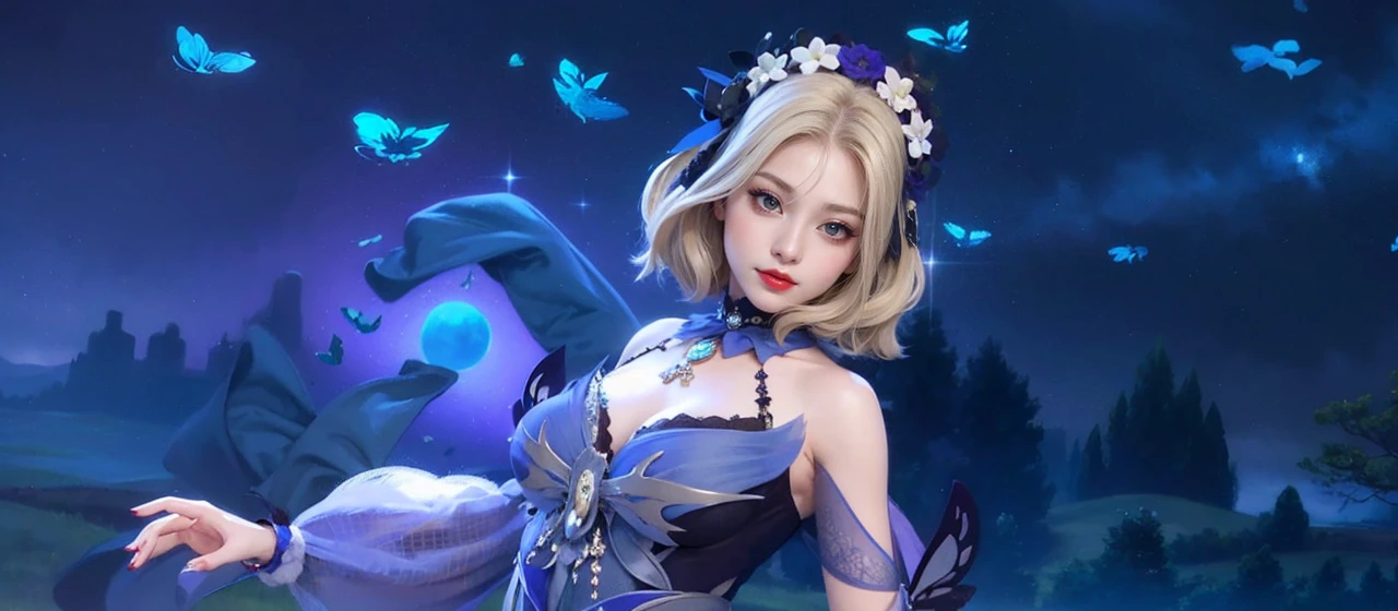 Masterpiece, best picture quality, high quality, beautiful woman, Japanese, popular Korean makeup, detailed, swollen eyes, detailed eyes, detailed skin, beautiful skin, ultra high resolution, (reality: 1.4),very beautiful, slightly younger face, beautiful skin, slender, (ultra realistic), (illustration), (high resolution), (8K), (very detailed) (best illustration), (beautifully detailed eyes), (super detailed), (wallpaper), (detailed face), looking at viewer, fine details, detailed face, pureerosfaceace_v1, smiling, looking straight ahead, looking straight ahead, angle from waist up, realistic photo, bright lighting, professional lighting, blue hair (some of hair part green), long hair, dark ruins, big red moon, gorgeous red and black dress, mature woman, long stylish bangs, red lips,