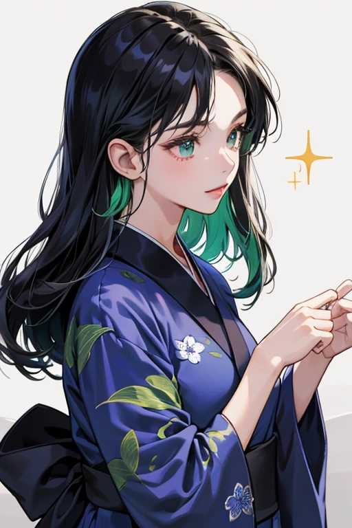 she has long dark hair sHe wears a dark blue yukata with a green collar. SPARKLE; GLITTER