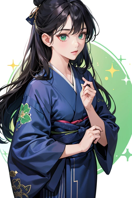 she has long dark hair sHe wears a dark blue yukata with a green collar. SPARKLE; GLITTER