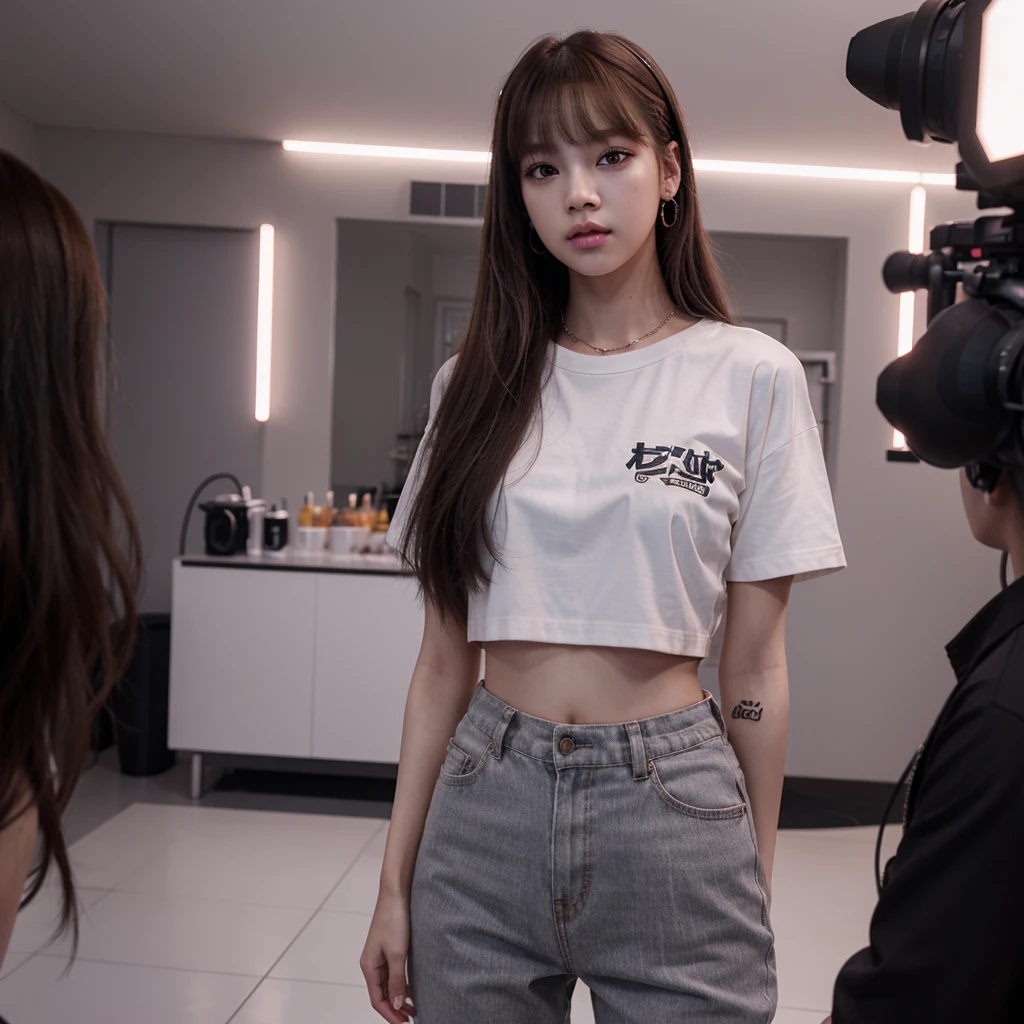 (lisa of blackpink) , (1girl), shirt:1.2、look at viewer、cinematic lighting、perfect、soft light、high resolution skin:1.2、realistic skin texture、full body, realistic face、Gray background